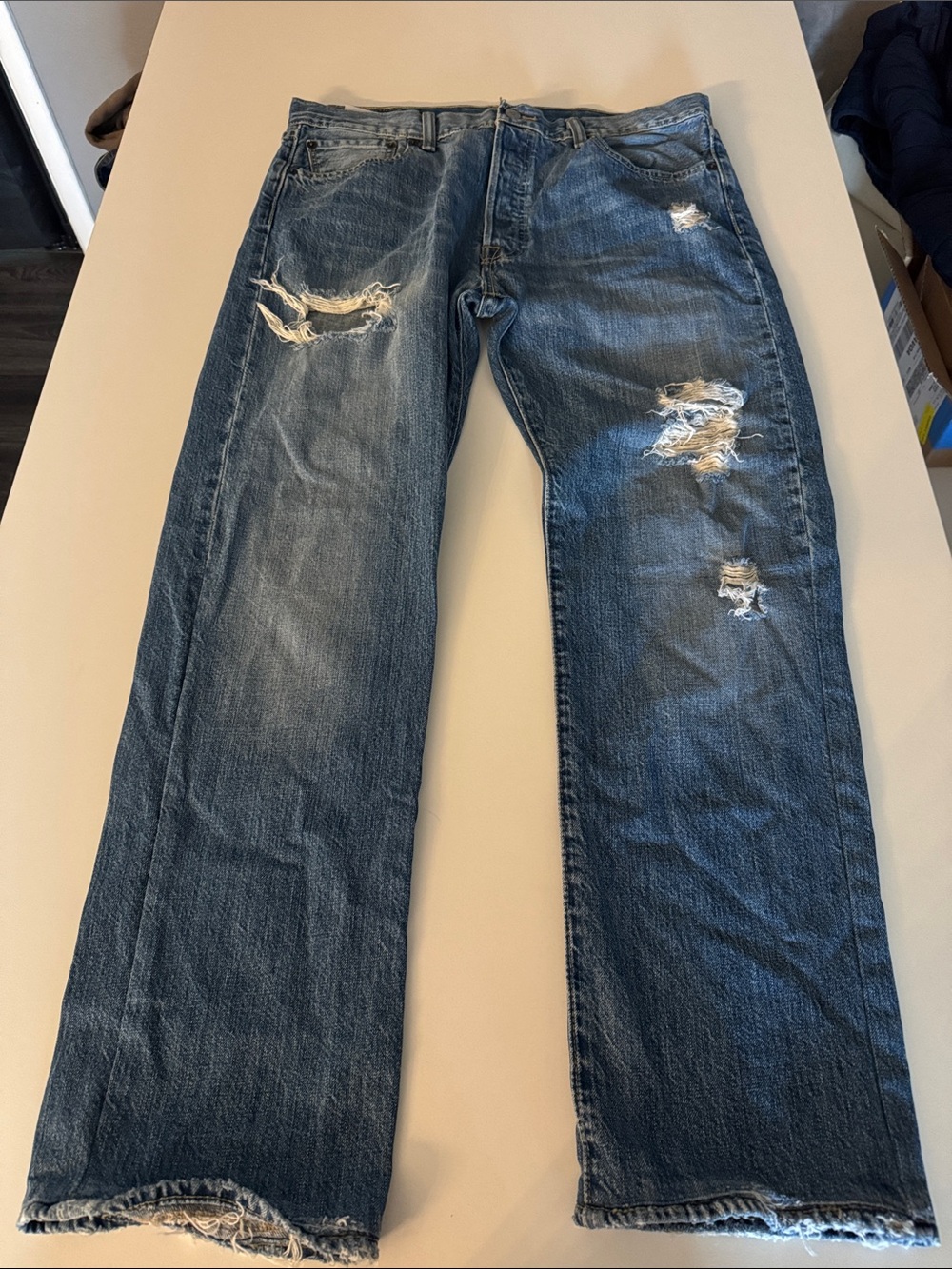 Levi's 501 Men's Distressed Straight Jeans in Dark Blue